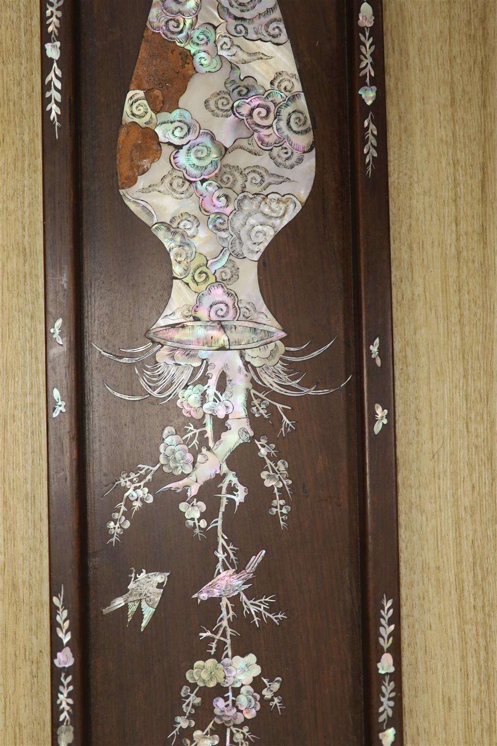 A Chinese hardwood and mother of pearl plaque, width 16.5cm height 65cm